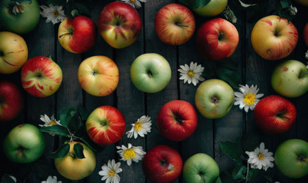 Top view of red, green, and yellow apples on a wooden tableの素材