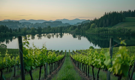 Vineyard overlooking a serene lakeの素材