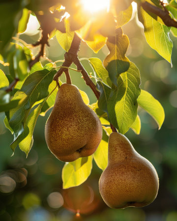 Ripe pears hanging from branchesの素材
