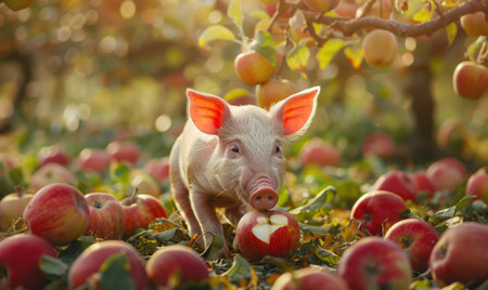 Piglet biting into an apple under a treeの素材
