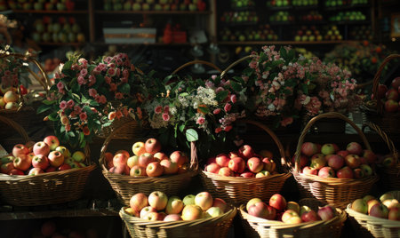 Store display with baskets of applesの素材