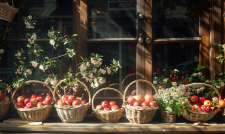 Store display with baskets of applesの素材