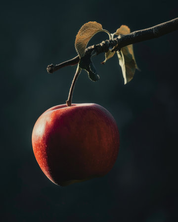 Single apple hanging from a branchの素材