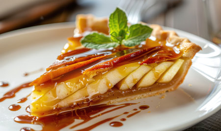 Slice of apple tart topped with caramel sauceの素材