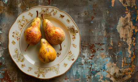 Top view of pears on a vintage plateの素材
