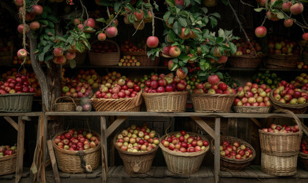 Rustic apple stand with baskets of apples for saleの素材