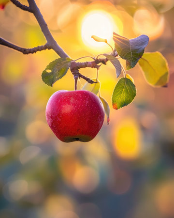 Single apple hanging from a branchの素材