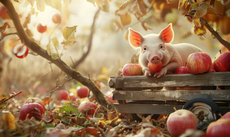Piglet biting into an apple under a treeの素材