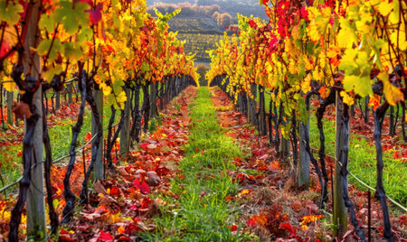 Vineyard in autumn with colorful leaves on grapevinesの素材