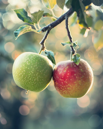 Red and green apple hanging from a branchの素材