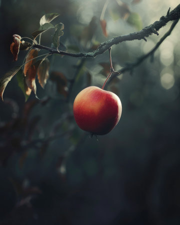 Single apple hanging from a branchの素材