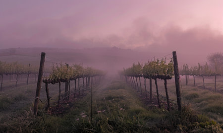 Vineyard in the early morning mistの素材