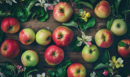 Top view of red, green, and yellow apples on a wooden tableの素材