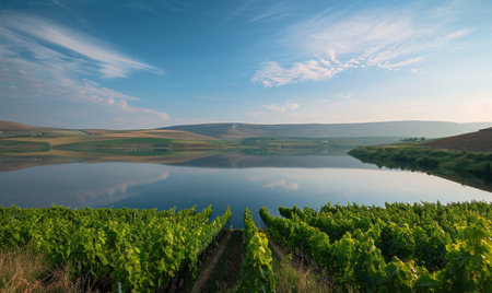 Vineyard overlooking a serene lakeの素材