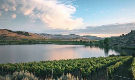 Vineyard overlooking a serene lakeの素材