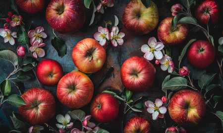 Top view of various autumn apples on a wooden tableの素材