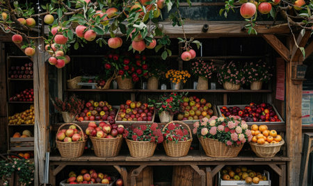 Rustic roadside stand with baskets of apples for saleの素材