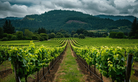 Vineyard with lush green grapevines and a mountain backdropの素材