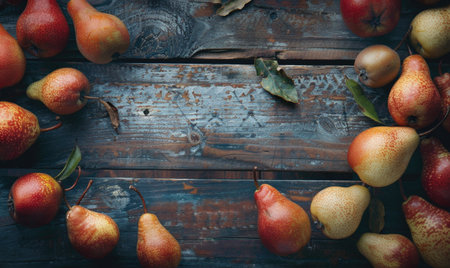 Top view of assorted pears on a rustic wooden tableの素材