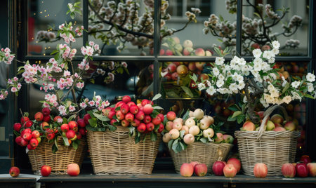 Store display with baskets of applesの素材