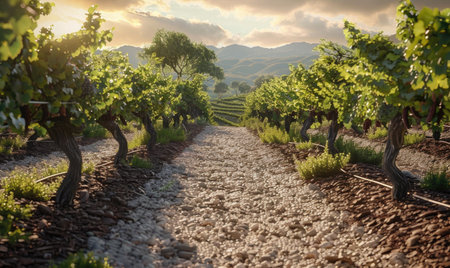 Vineyard with a gravel path leading through grapevinesの素材