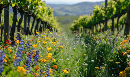 Vineyard with wildflowers growing between grapevinesの素材