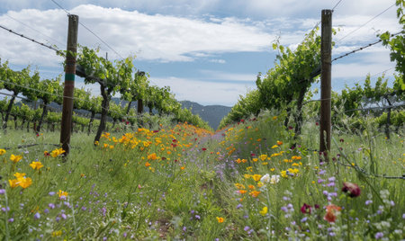 Vineyard with wildflowers growing between grapevinesの素材