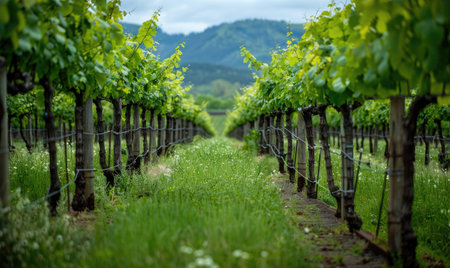 Vineyard with grapevines climbing trellisesの素材