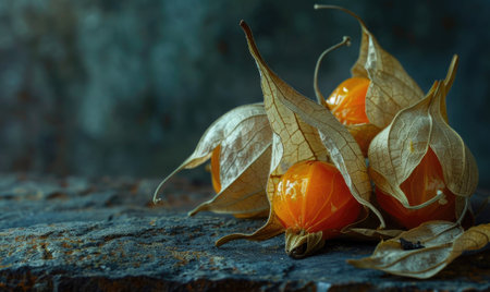A few physalis fruits with their husks partially openの素材