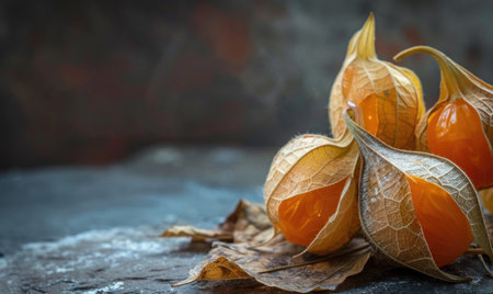 A few physalis fruits with their husks partially openの素材