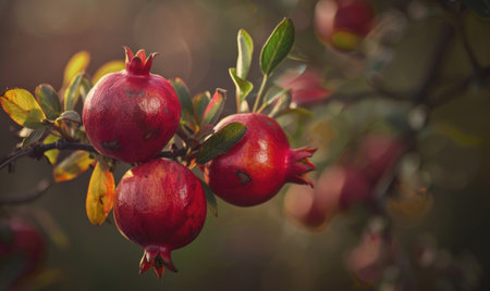 A macro shot of pomegranates on the branchの素材