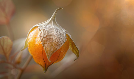 Close-up of a single physalis fruit with a broken huskの素材