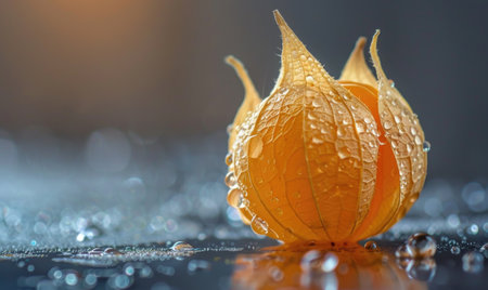 Close-up of a single physalis fruit with a broken huskの素材