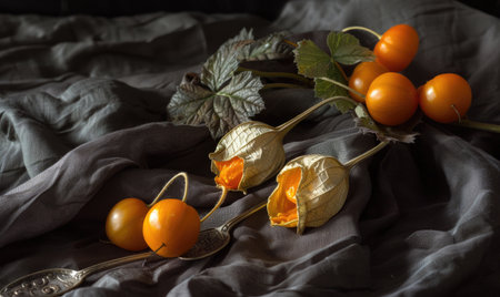 A still life with physalis and a vintage spoonの素材