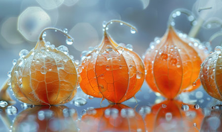 Close-up of physalis fruits with dewdropsの素材