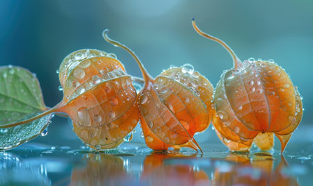 Close-up of physalis fruits with dewdropsの素材