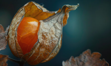 A close-up of physalis with the husk slightly tornの素材