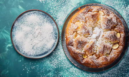 Fig and almond cake with a light dusting of powdered sugar, top viewの素材