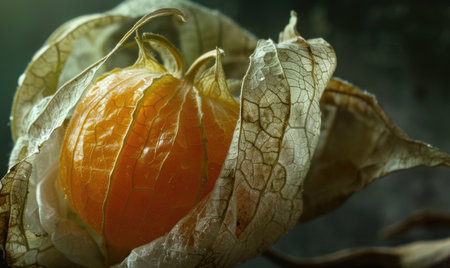 A close-up shot of physalis with the husk partially peeled backの素材