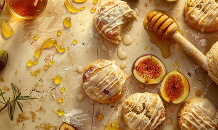 Fig and honey scones with a drizzle of honey glazeの素材