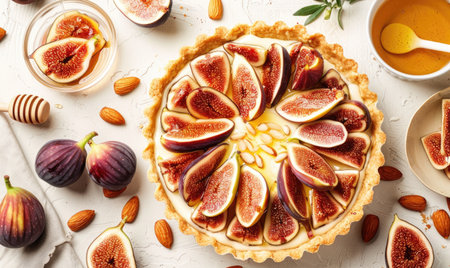 Fig and almond tart with a honey drizzle and fresh figsの素材