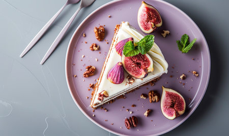 Fig and walnut cake with cream cheese frosting on a muted purple plateの素材