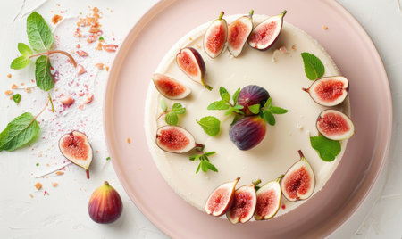 Fig cheesecake, garnished with figs and mint leavesの素材