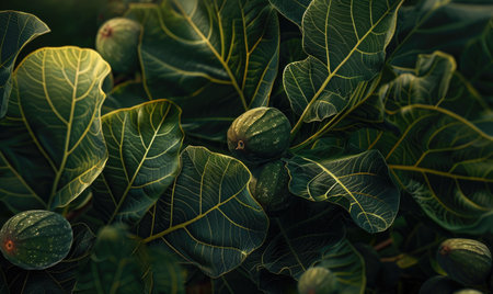 Figs and fig leaves, close-up, with a soft and warm sunlightの素材
