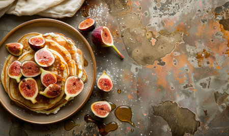 Fig and ricotta pancakes topped with fresh figs and honeyの素材