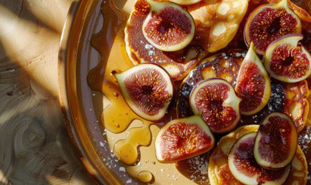 Fig and ricotta pancakes topped with fresh figs and honeyの素材