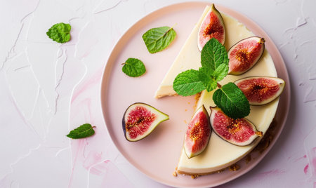 Fig cheesecake, garnished with figs and mint leavesの素材