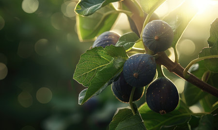 Figs on a branch, close-up view, with dewdrops on the figsの素材