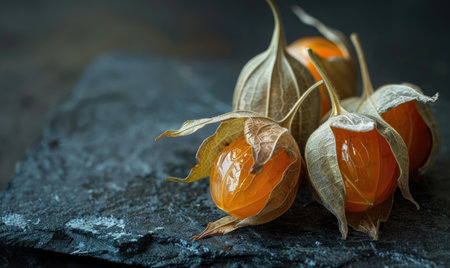 A few physalis fruits with their husks partially openの素材