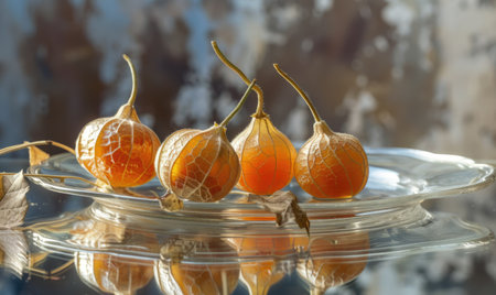 A few physalis fruits on a glass trayの素材